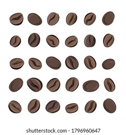 Conjunto de granos de café asados en boceto a mano y estilo cartón, marrón sobre fondo blanco. Para menús, cafés y cafeterías, cocinas y empaque