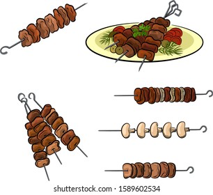 Set of Roasted Meat, Mushroom or Vegetables, Traditional Food Barbecue, Steaks, Kebab or Shashlik. Isolated on White Background. Vector