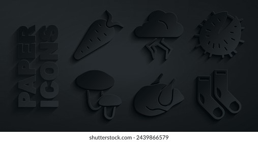 Set Roasted turkey or chicken, Chestnut, Mushroom, Socks, Storm and Carrot icon. Vector