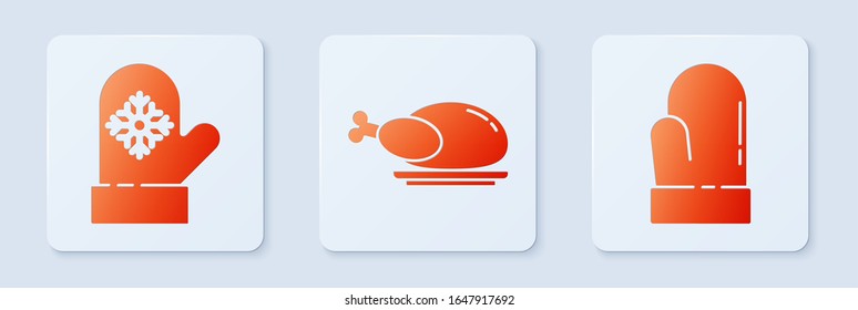 Set Roasted turkey or chicken, Christmas mitten and Christmas mitten. White square button. Vector