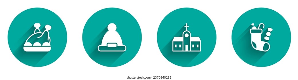 Set Roasted turkey or chicken, Christmas Santa Claus hat, Church building and stocking icon with long shadow. Vector