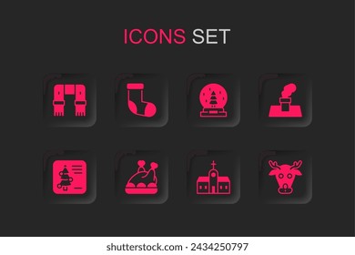 Set Roasted turkey or chicken, Christmas stocking, Winter scarf, Church building, chimney, Reindeer, snow globe and postcard icon. Vector