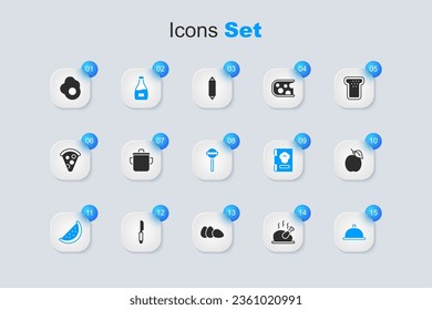 Set Roasted turkey or chicken, Cooking pot, Sauce bottle, Watermelon, Covered with tray of food, Plum fruit, Scrambled egg and Lollipop icon. Vector