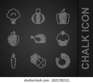Set Roasted turkey or chicken, Cracker biscuit, Shrimp, Muffin, Carrot, Plum fruit, Bell pepper and Broccoli icon. Vector