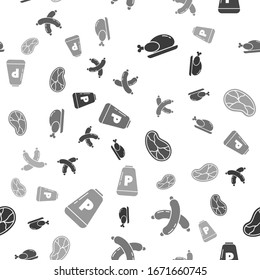 Set Roasted turkey or chicken, Crossed sausage, Steak meat and Pepper on seamless pattern. Vector