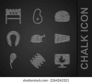 Set Roasted turkey or chicken, Grilled pork bbq ribs, Location with fire flame, Steak meat, Rib eye steak, Sausage, Burger and BBQ brazier icon. Vector