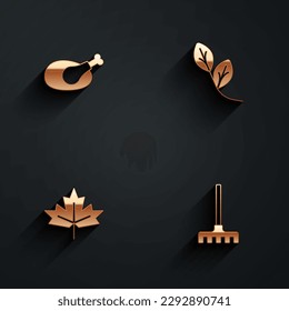 Set Roasted turkey or chicken, Leaf, Canadian maple leaf and Garden rake icon with long shadow. Vector