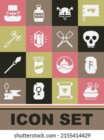 Set Roasted turkey or chicken, Magic rune, Skull, Viking in horned helmet, Gem stone, Medieval poleaxe, ship Drakkar and Oars paddles boat icon. Vector