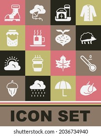 Set Roasted turkey or chicken, Meteorology thermometer, Hedgehog, Farm house, Cup of tea with tea bag, Jam jar, Waterproof rubber boot and Beet icon. Vector