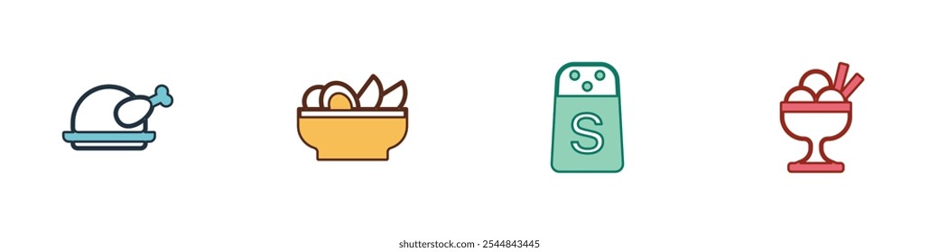 Set Roasted turkey or chicken, Nachos in plate, Salt and Ice cream bowl icon. Vector