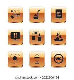 Set Roasted turkey or chicken, Scrambled eggs, Ice cream in bowl, Online ordering and delivery, Cafe restaurant location, Restaurant cafe menu, Toilet and Kitchen ladle icon. Vector