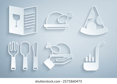 Set Roasted turkey or chicken, Slice of pizza, Fork, spoon and knife, Kitchen ladle,  and Restaurant cafe menu icon. Vector