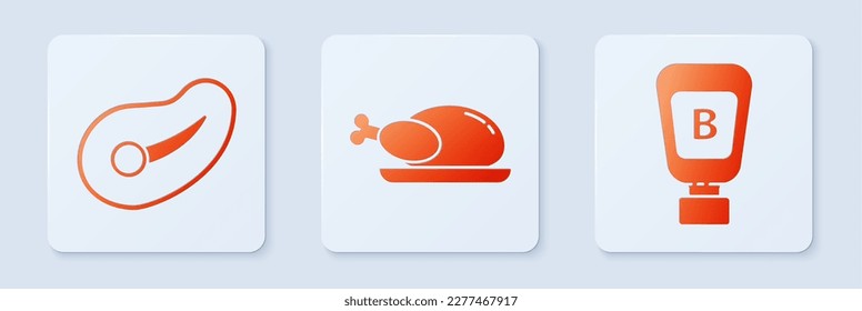 Set Roasted turkey or chicken, Steak meat and Sauce bottle. White square button. Vector