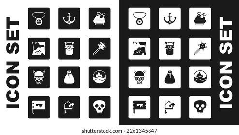 Set Roasted Truthahn oder Huhn, Viking Kopf, Gefalte Karte, Ketten mit Edelstein, Mace Spikes, Anchor, Meer und Wellen und Skull viking Helm Symbol. Vektorgrafik