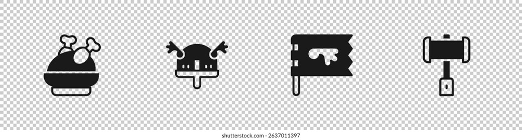 Set Roasted turkey or chicken, Viking in horned helmet, flag and Battle hammer icon. Vector