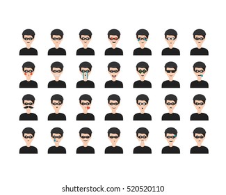 Set of robber emoticon vector isolated on white background. Emoji vector. Smile icon collection. Emoticon icon web. Simple flat cartoon style. Faces avatars. 