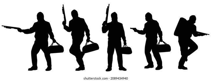 Set Of Robber With Gun Silhouette Vector On White Background