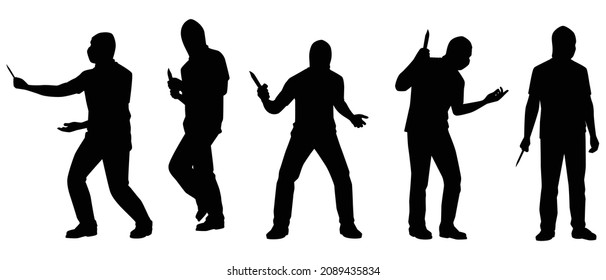 Set of robber with knife weapon in hand silhouette vector on white background