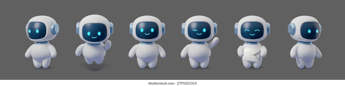 Set of Robot ai character with 3d chatbot emoji and avatar bot icon. Chat cute intelligence with artificial robot set and call white mascot. Technology isolated robot with center service 3d and ai