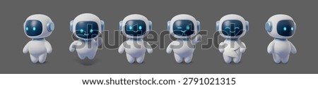 Set of Robot ai character with 3d chatbot emoji and avatar bot icon. Chat cute intelligence with artificial robot set and call white mascot. Technology isolated robot with center service 3d and ai