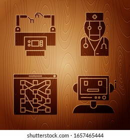 Set Robot, Assembly line, Global technology or social network and Robot doctor on wooden background. Vector