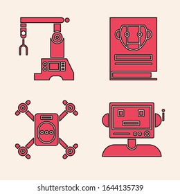 Set Robot, Assembly line, User manual and Drone flying with action camera icon. Vector