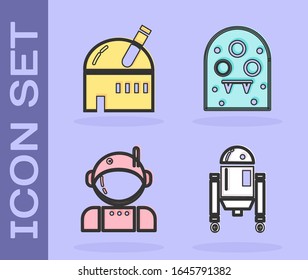 Set Robot, Astronomical observatory, Astronaut and Alien icon. Vector