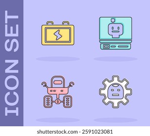 Set Robot, Battery, Mars rover and  icon. Vector