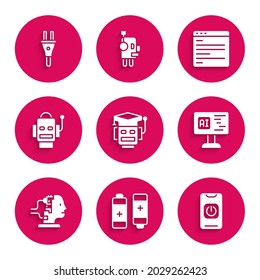 Set Robot, Battery, Turn off robot from phone, Software, for maintenance, Computer api interface and Electric plug icon. Vector