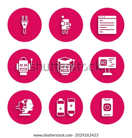 Set Robot, Battery, Turn off robot from phone, Software, for maintenance, Computer api interface and Electric plug icon. Vector