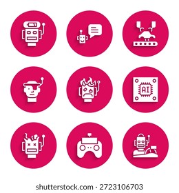 Set Roboter ausgebrannt, Fernbedienung, humanoid fahren ein Auto, Prozessor mit Mikroschaltungen CPU, Broken Roboter, Smart Gläser, Roboter Armfabrik und niedrige Batterieladung Symbol. Vektorgrafik