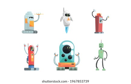 Set of Robot Cartoon Characters, Friendly Android Assistants, Artificial Intelligence Worker Vector Illustration