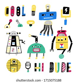 Set of robot characters. Hand drawn style. Cartoon vector illustration. Funny vintage style robotics on white isolated background.