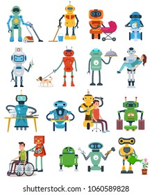 Set of Robot characters isolated on white background. Robots assistant gardener, nurse, governess, rescuer and waiter. Vector illustration