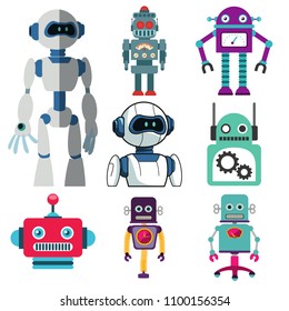 Set of Robot Characters Isolated on White Background