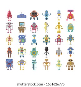 Set of Robot Characters Isolated on White Background