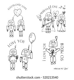 Set of robot characters, love motif.