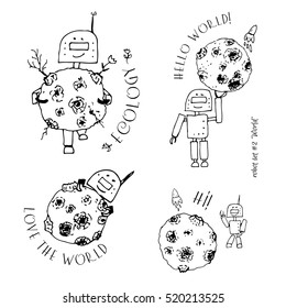 Set of robot characters with a planet, ecological motif.