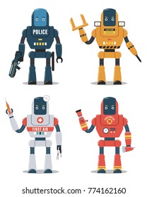 Set of robot characters. Police, construction, medical, firefighter robot