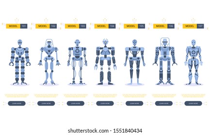 Set of robot characters. Technology, future. Modern Robot and artificial intelligence. Cartoon flat vector illustration