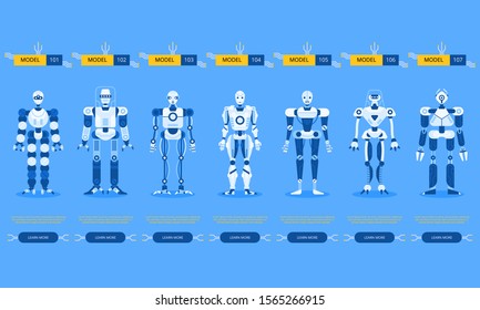 Set of robot characters. Technology, future. Modern Robot and artificial intelligence. Cartoon flat vector illustration