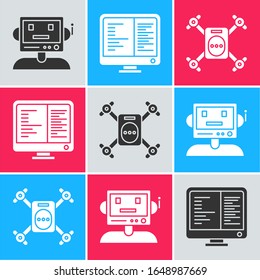 Set Robot, Computer monitor screen and Drone flying with action camera icon. Vector