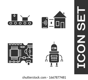 Set Robot, Conveyor belt with cardboard box, Printed circuit board PCB and Smart home icon. Vector