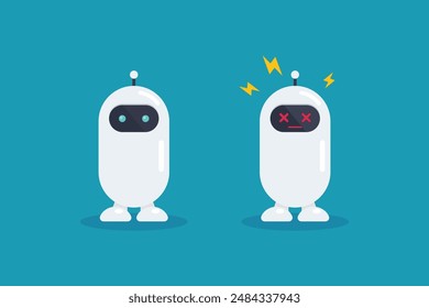 Set of robot crash broken error with spark. Cyborg Technology and Futuristic Intelligence Machine. Vector illustration