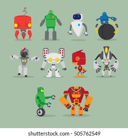 Set of Robot cute icons and characters. Vector illustration