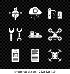 Set Robot, Digital door lock with wireless technology for unlock, Smart home, Computer api interface, Drone flying action camera, Spanner and Conveyor belt cardboard box icon. Vector