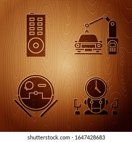 Set Robot and digital time manager, Remote control, Robot vacuum cleaner and Industrial machine robotic robot arm hand on wooden background. Vector