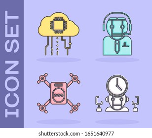 Set Robot and digital time manager, Internet of things, Drone flying with action camera and Worker robot icon. Vector