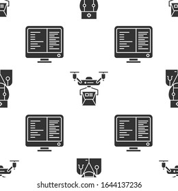 Ajuste el médico Robot, el concepto de entrega de drones y la pantalla del monitor de ordenador en un patrón transparente. Vector