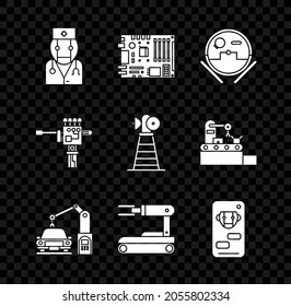 Set Robot doctor, Electronic computer components motherboard digital chip, vacuum cleaner, Industrial machine robotic robot arm hand, Bot, Mechanical screwdriver and Antenna icon. Vector
